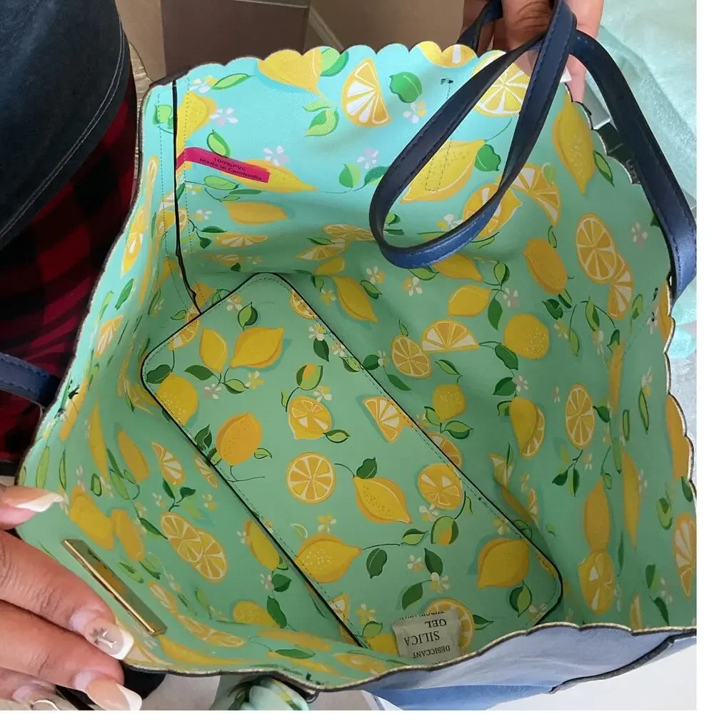 Trina Turk Blue Tote Bag Lemon Pattern interior and Lemon Scarf Open top - Picture 3 of 6